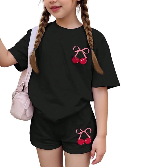 Grblisyd Girls Summer 2 Piece Outfits Cute Fruit Print Printed Short Sleeve Crew Neck T-Shirts and Shorts Girls' Clothing Sets 10-12Y