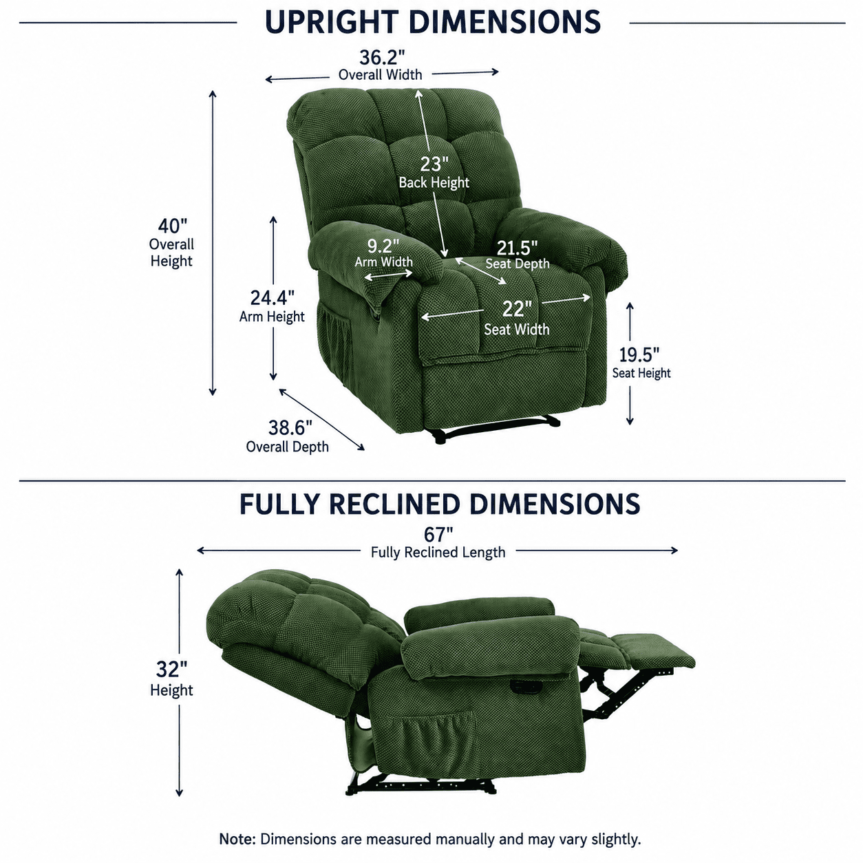 Homy Casa Overstuffed Manual Recliner Chair with Footrest, Fabric Lounge Chair for Nursery and Living Room