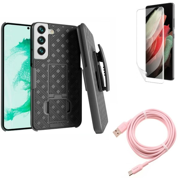 Case Belt Clip & Matte Screen Protector & 10ft Long USB-C Cable for Samsung Galaxy S22 Plus (S22 ) - Combo Holster Swivel Cover & TPU Film Anti-Glare & Pink Charger Cord Power Wire