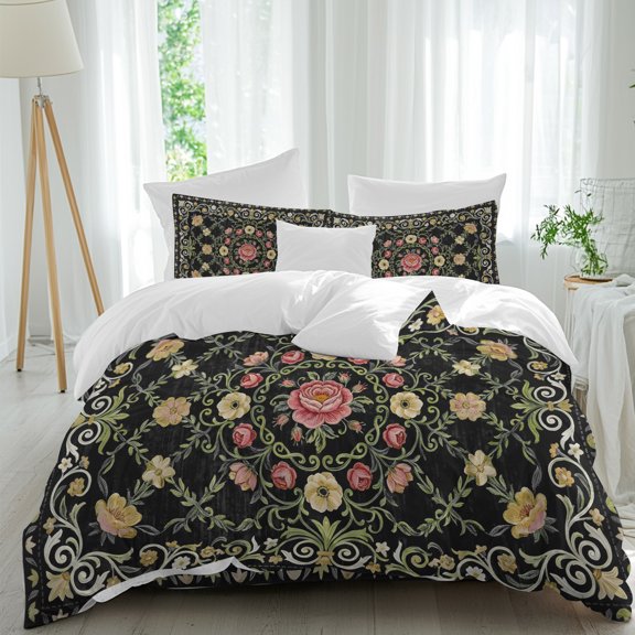 Pink Flower Twin Duvet Cover Set, Gold Roses Baroque Scrolls Gothi Black Background 4 Piece Microfiber Bedding Set with Zipper Closure, Bed Sheet and 2 Pillow Shams, Soft Bedding Cover