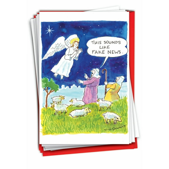 Pack of 12 Merry Christmas Cards Funny (1 Design, 12 Cards) - Fake News Angel C4526XSG-B12