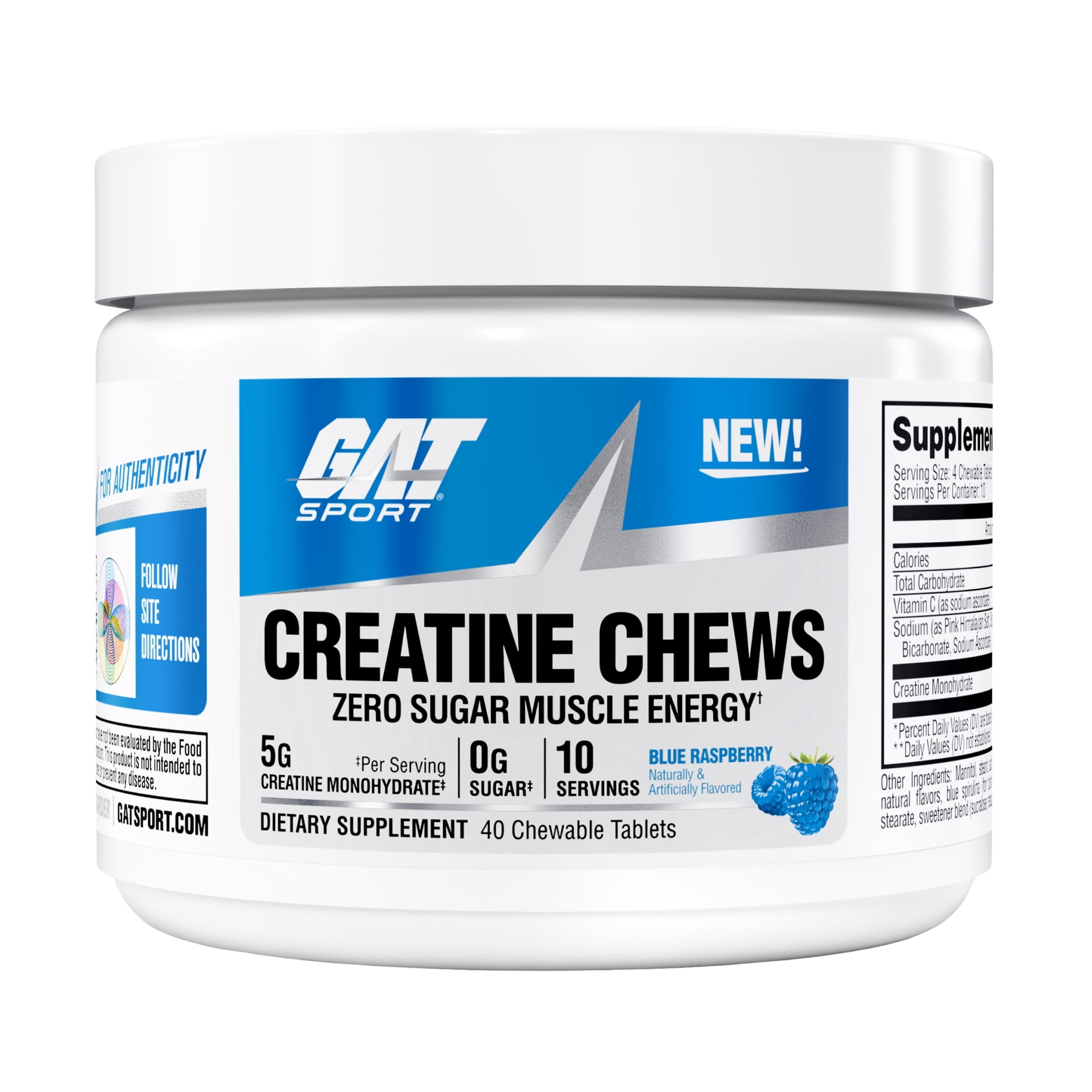 GAT SPORT CREATINE CHEWS, Blue Raspberry, 40 Tablets (10 Servings)