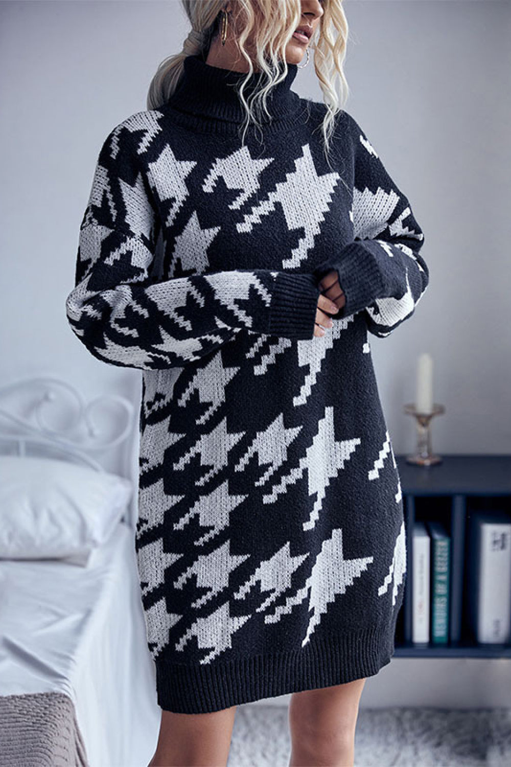 Houndstooth Turtleneck Mini Sweater Dress - Walmart.com