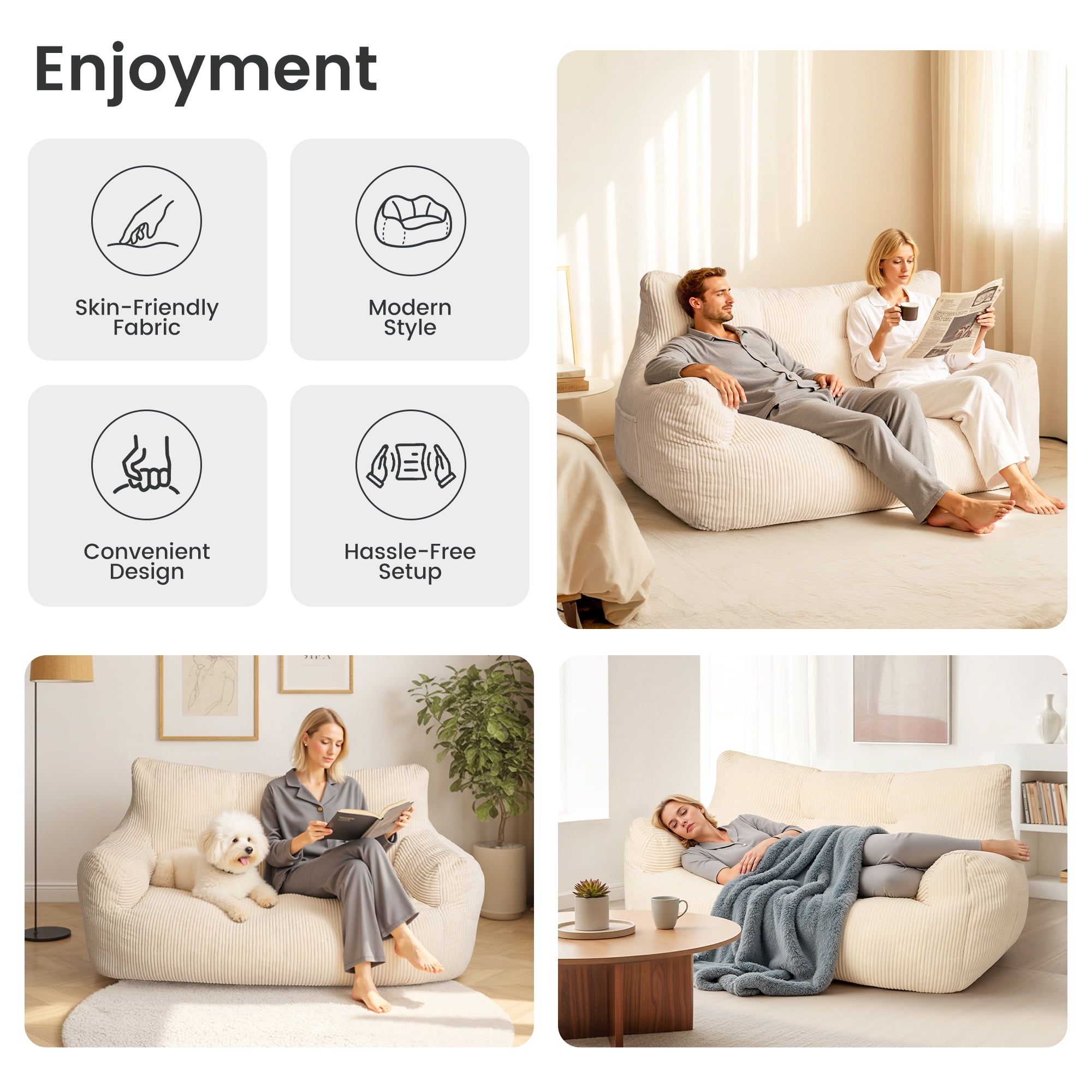 2-Person Foam Filled Bean Bag Chair, Plush Corduroy Lazy Sofa