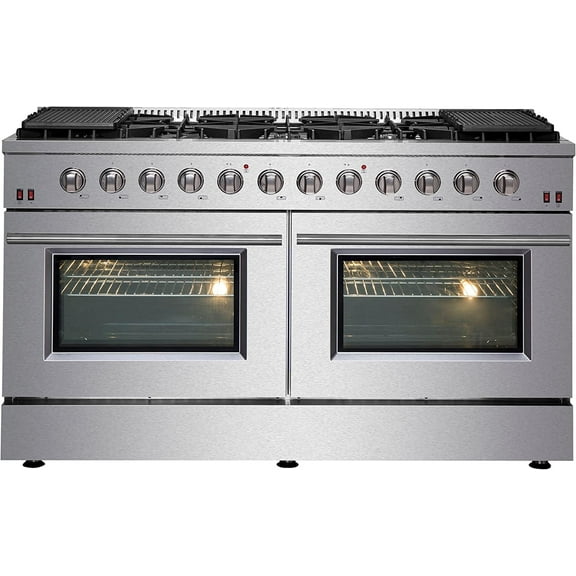 Forno Galiano 60-Inch Freestanding Gas Range, 10 Burners, Double Ovens, Griddle, Energy Efficient