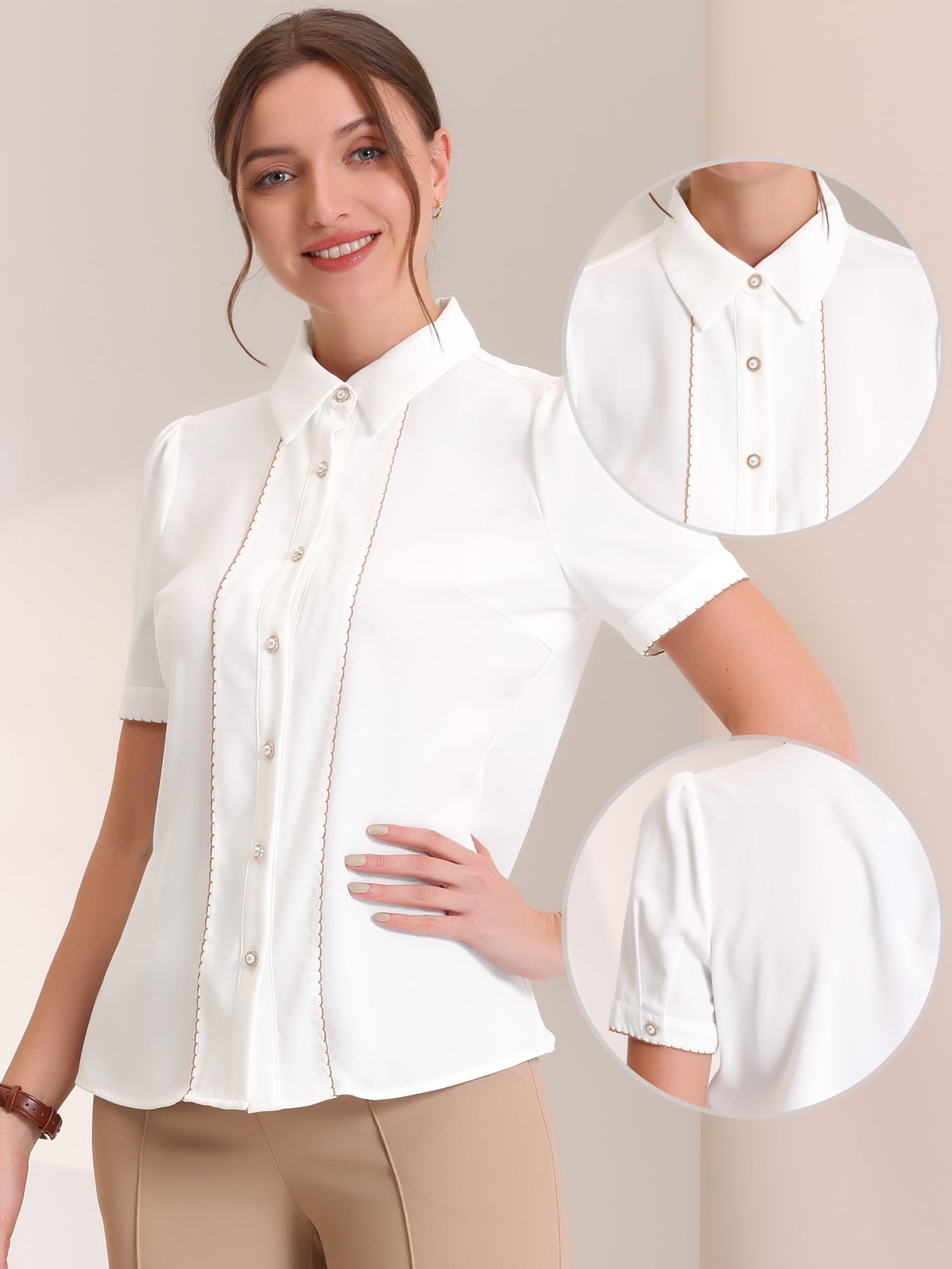 DARING DIVA Women's Button Down Collared Contrast Trim Puff Sleeve Blouse L White