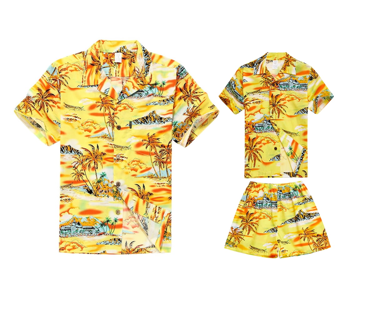 Matching Father Son Hawaiian Luau Outfit Men Shirt Boy Shirt Shorts Yellow Map