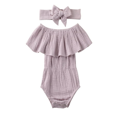 

Toddler Infant Baby Girls Summer Clothes Set Ruffle Off Shoulder Solid Color Romper + Bow-knot Headband 2Pcs Outfits 0-24 Months