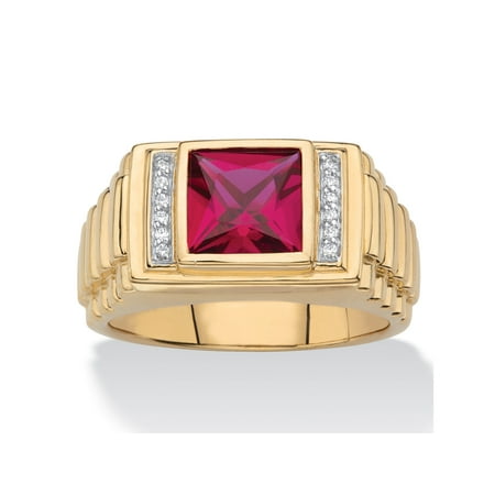 Square Cut Ruby Men's Square-Cut Created Red Ruby and Diamond Accent Ring 1.36 TCW in 18k Gold over Sterling Silver ()