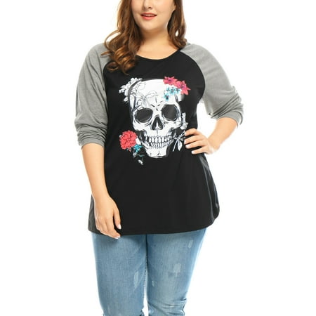 Unique Bargains Women Plus Top Plus Size Floral Skull Contrast Color Raglan T-Shirt