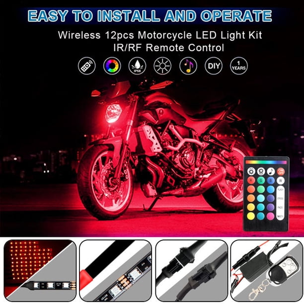 Kit de tira de LED RGB para motocicleta, 12 Uds., luces decorativas impermeables con Control remoto RF