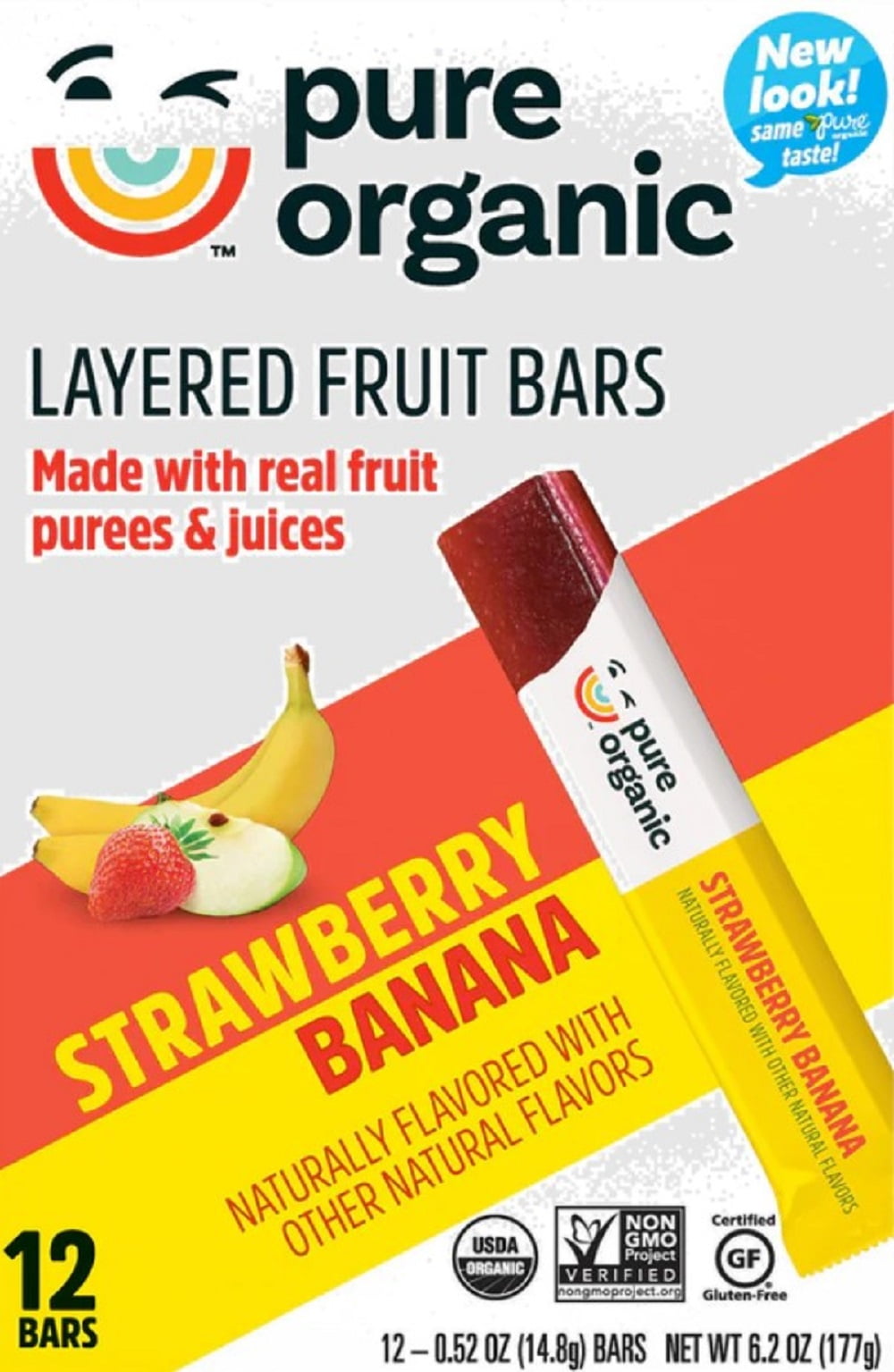 Pure Organic Layered Fruit Bars, Strawberry Banana, Gluten Free, Vegan Fruit Snacks (2 Boxes, 24 Bars)