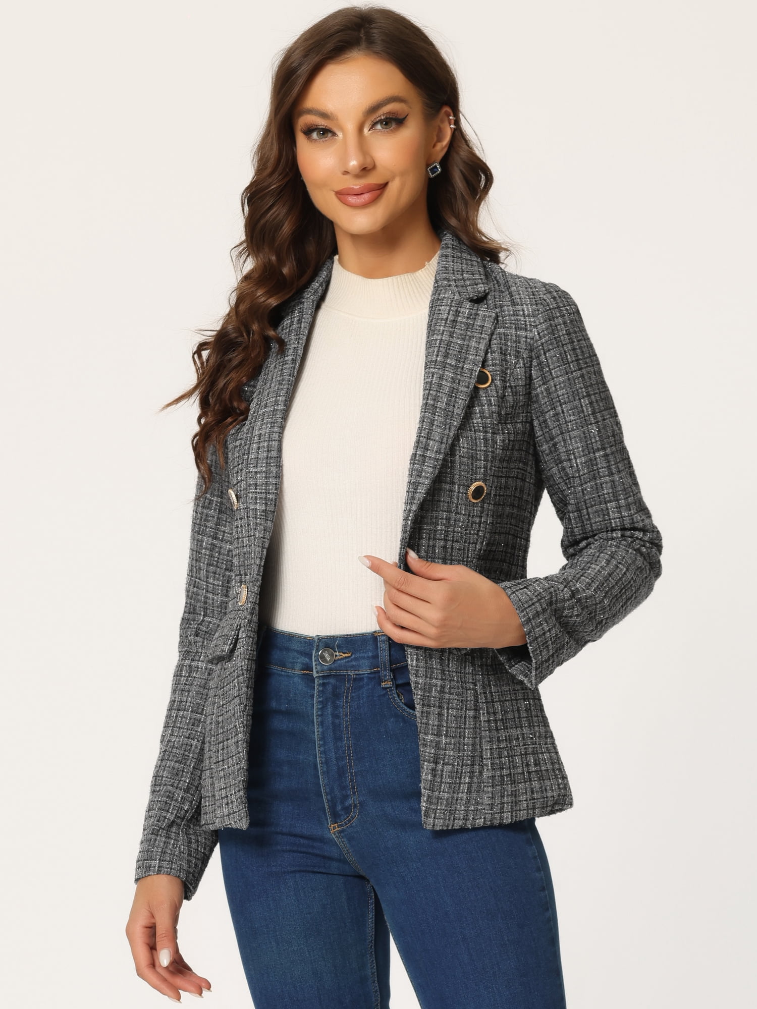 DARING DIVA Women's Plaid Blazer Notch Lapel Tweed Jacket XS Gray