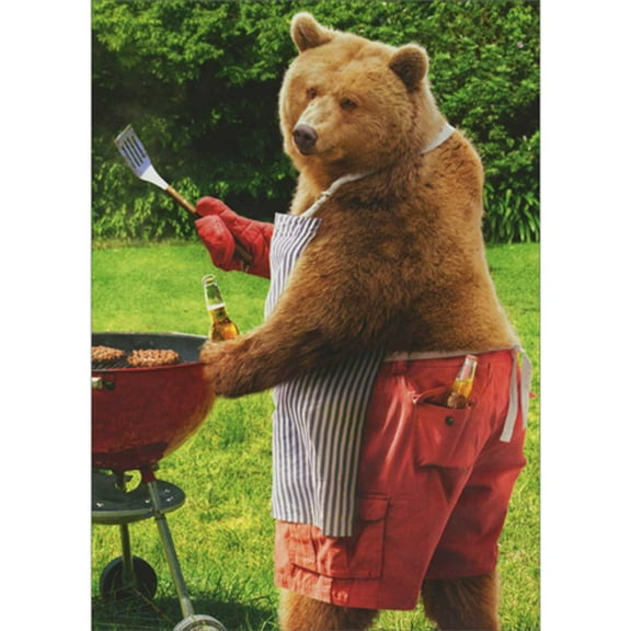 Avanti Press Bear in Striped Apron and Red Shorts Grilling Burgers Funny / Humorous Birthday Card