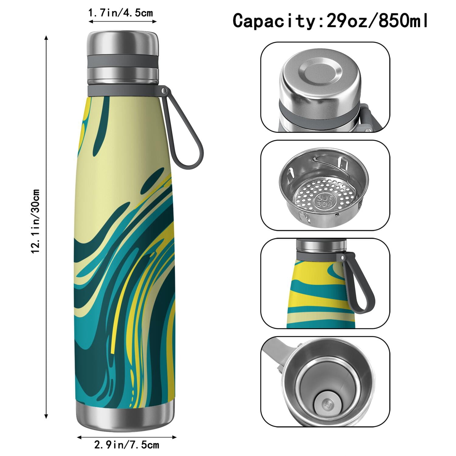 29oz Insulated Water Bottle with Tea Infuser, Stainless Steel Travel Mug, Liquid & Marble Print