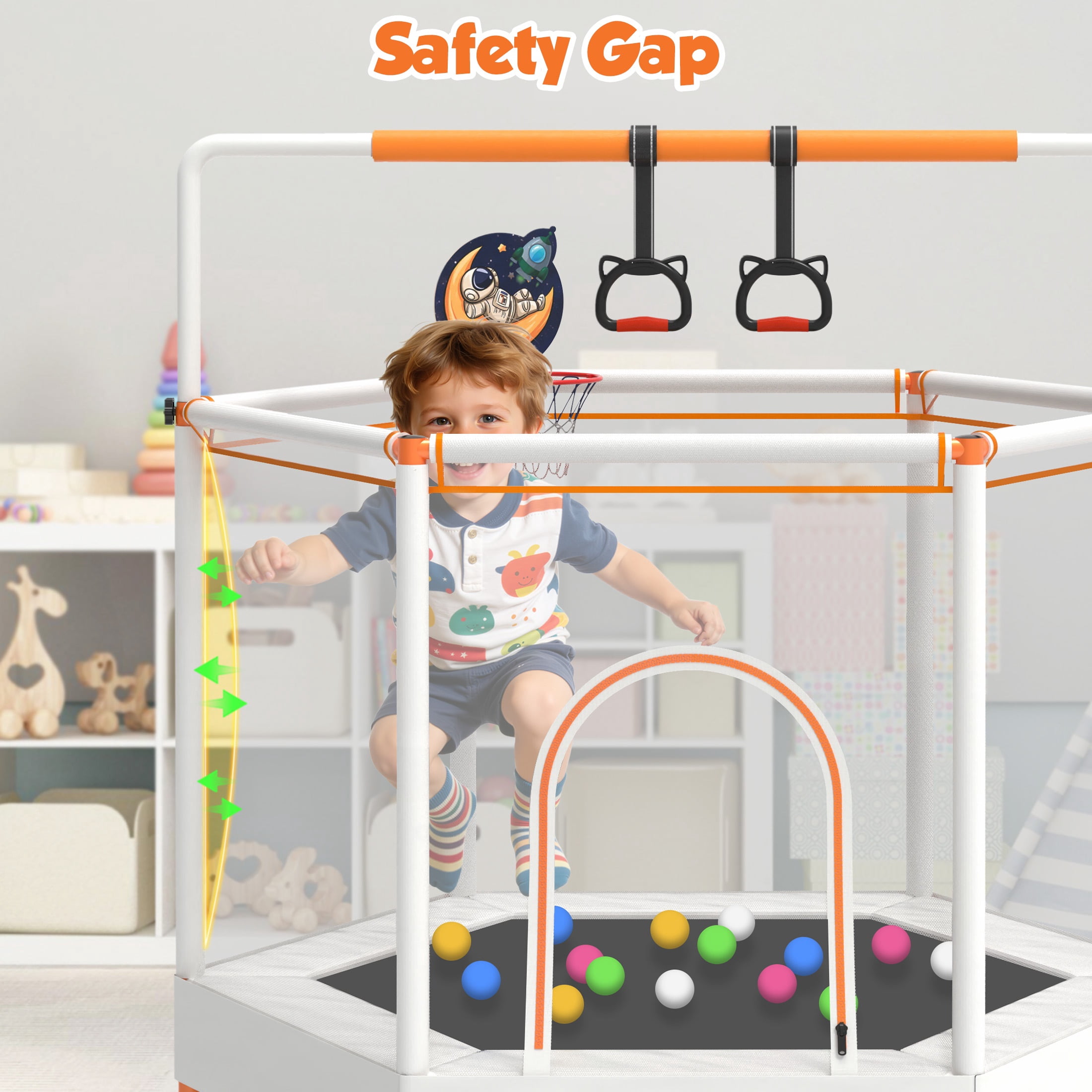 60" Mini Trampoline for Kids with Enclosure, Shinpt Indoor & Outdoor Toddler Trampoline, Upgrade Full Anti-Rust Tube with Adjustable Gymnastics Bars, Small Trampoline for Boys & Girls