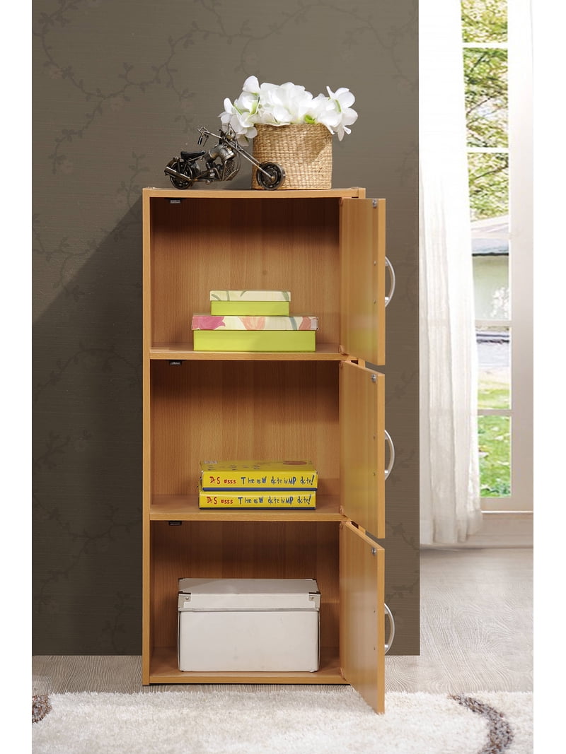 Hodedah 3-Shelf, 3-Door Multi-Purpose Bookcase Cabinet, Beech