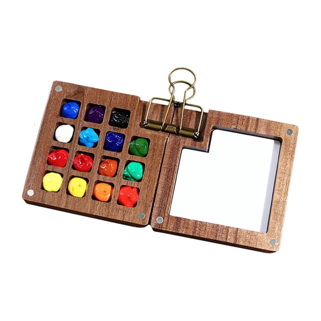 Xihbxyly Mini Juego de Acuarelas de Nogal, Portátil, Ideal para Viajes, 8/15 Cuadrículas de Pinturas Removibles, Estuche de Madera Artesanal, Ligero con Clips Metálicos, Regalo Único para Artistas, B