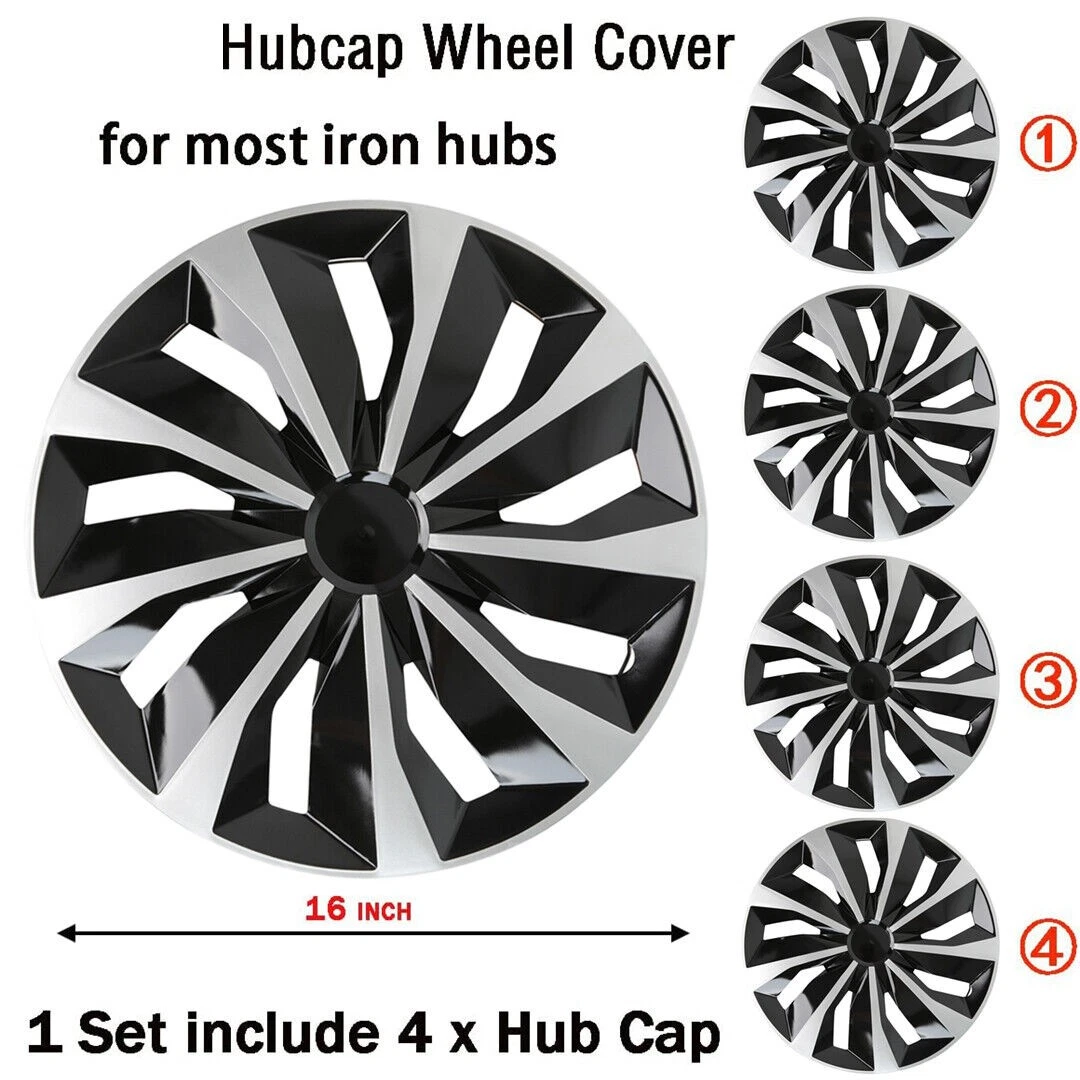 NKDR AUTOMOTIVE 16 Inch Wheel Hub Caps Set of 4, Black and Silver Wheel Covers for Steel Rims Only