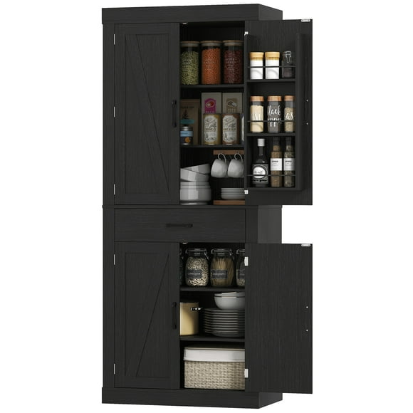 CoSoTower 72" Kitchen Pantry Cabinet, Farmhouse Kitchen Storage Cabinet with 4 Barn Doors, 6 Door Shelves, Drawer, Black