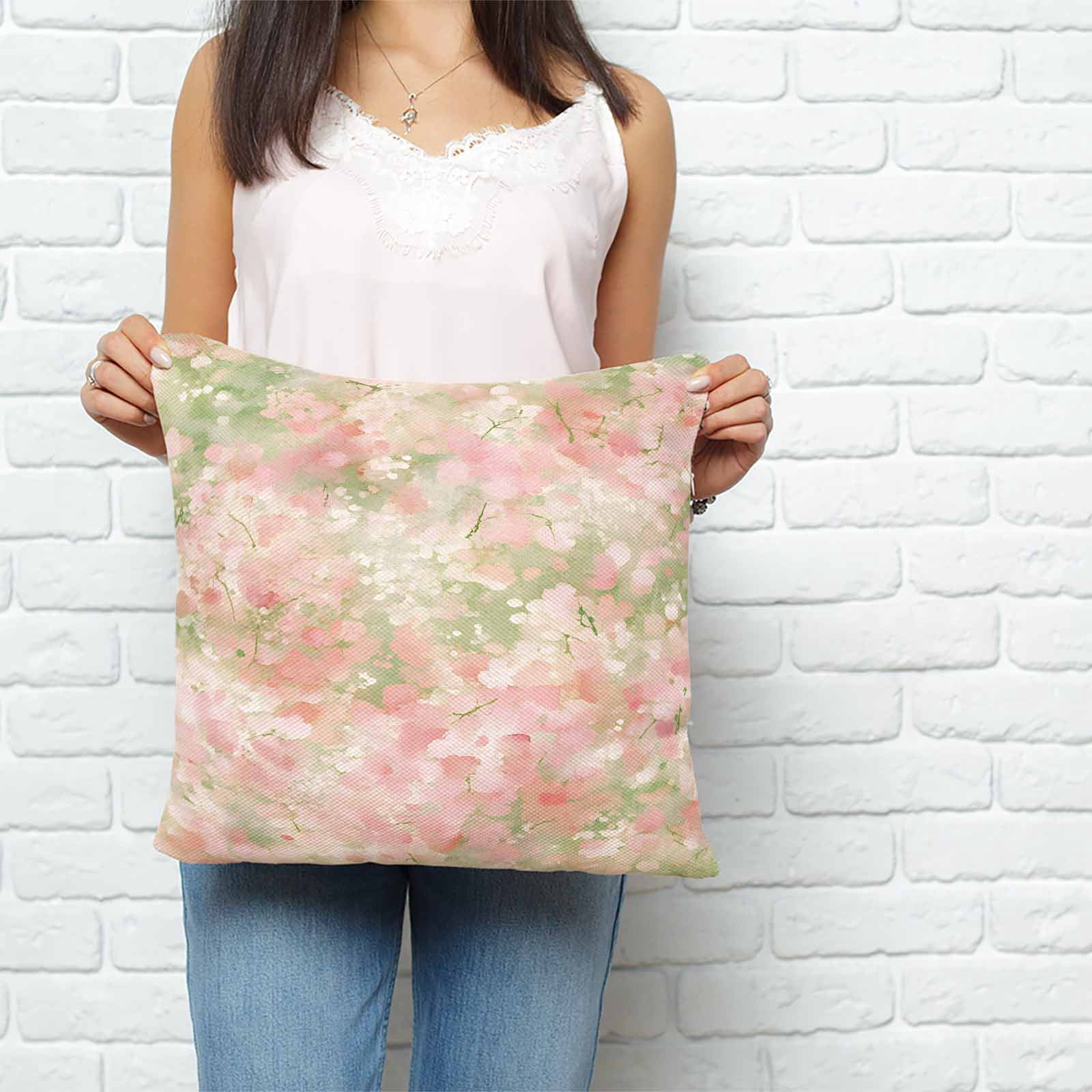 Throw Pillow Covers 26x26 Inch, Pink Green Flower Decorative Pillow Cases for Couch Sofa Bed, Watercolor Summer Botanical Cotton Linen Square Home Decor Pillowcases with Hidden Zipper
