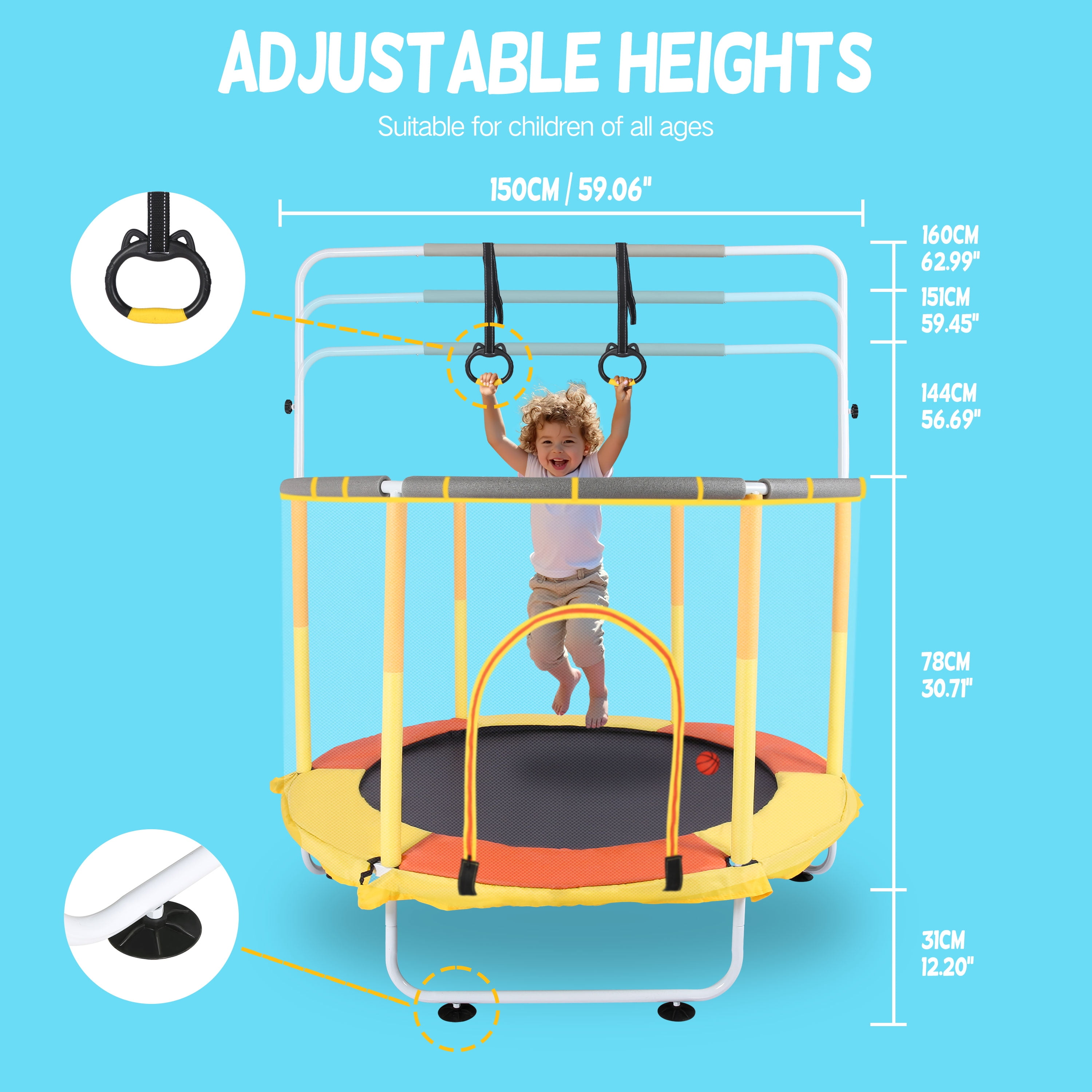 RAZXNAOR Trampoline Kids with Enclosure Indoor Outdoor 59" x 59" x 65"
