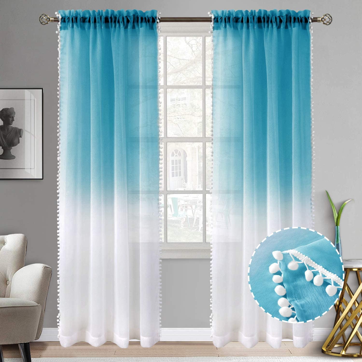 CHIC 1PC SEMI-SHEER 2 MIX COLOR GROMMET TOP WINDOW CURTAIN PANEL IVORY TURQUOISE 