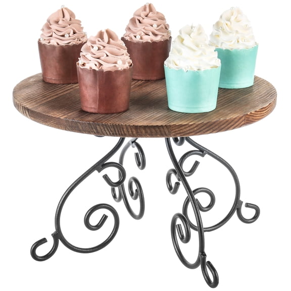 MyGift 12 Inch Rustic Burnt Wood Cake Stand with Black Metal Scrollwork Base Dessert Pedestal for Cupcakes Weddings Parties Kitchen Display Home & Event Serving