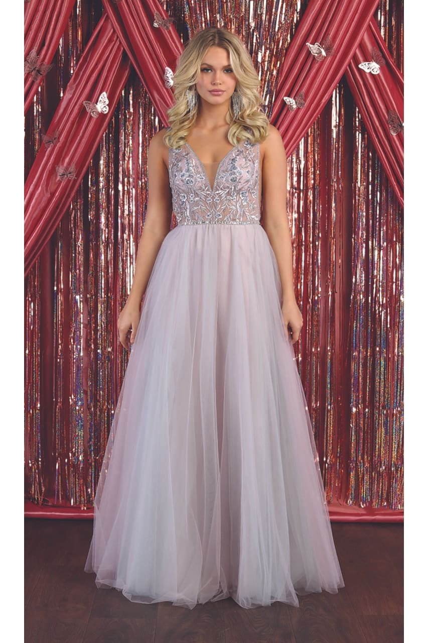 Embellished Deep V-Neck Prom Dress