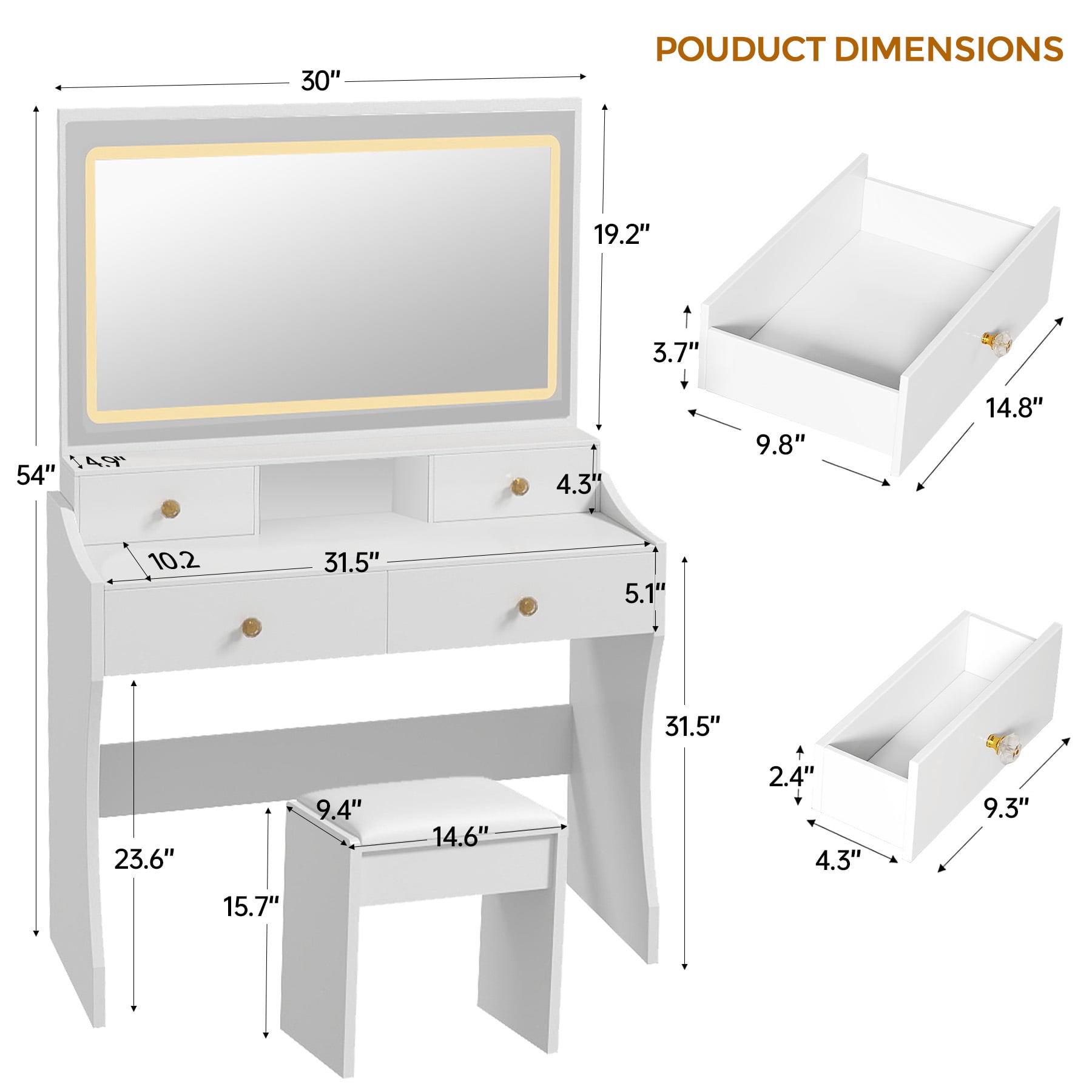 COMHOMA White Vanity Desk with Mirror and Lights, Vanity Table and Chair Set with 4 Drawers and Charging Station