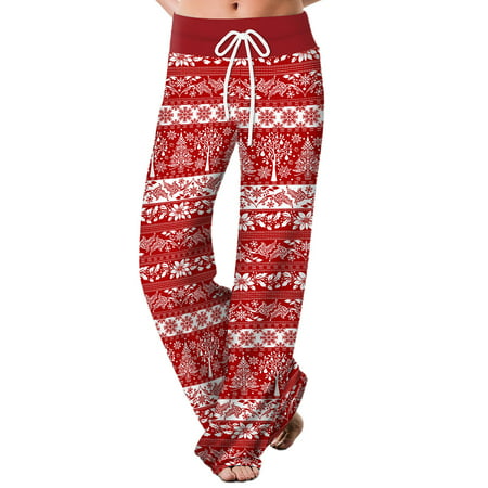 

Women Christmas Pajama Pants Mid Rise Drawstring Wide Leg Lounge Trousers Floral Snowflake Print Loose Palazzo Bottoms