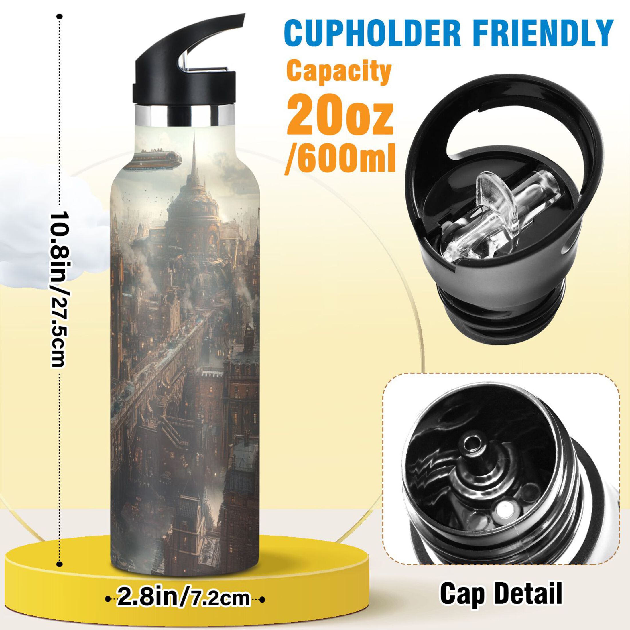 600ML Stainless Steel Insulated Cup Sports Water Bottle Portable Thermos Cup Water Glasses Insulated Tumblers Convenient and Durable Steampunk House