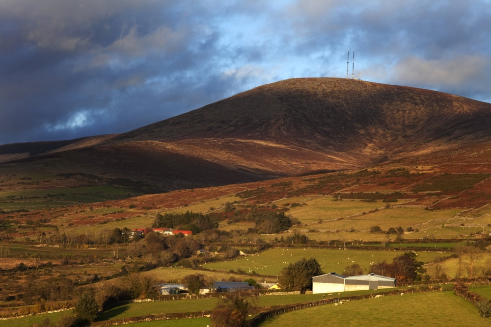 Pastoral countryside on the slopes of Mount Leinster At 796 metres its the highest of the Blackstairs Mountains topped with RTE television transmitter mast On the border of County Wexford (and Carlow)