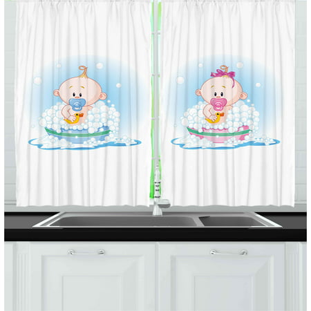 Gender Reveal Curtains 2 Panels Set, Cute Girl and Boy Babies in Bath with Bubbles Duck Toddler Picture Print, Window Drapes for Living Room Bedroom, 55W X 39L Inches, Multicolor, by