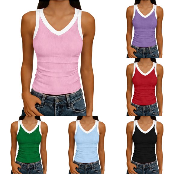 RUTAYY Women's Tank Tops Summer Ribbed Knit Camisole Sleeveless Tops V-Neck Solid Color Casual Daily Wear Elegant Holiday Vest