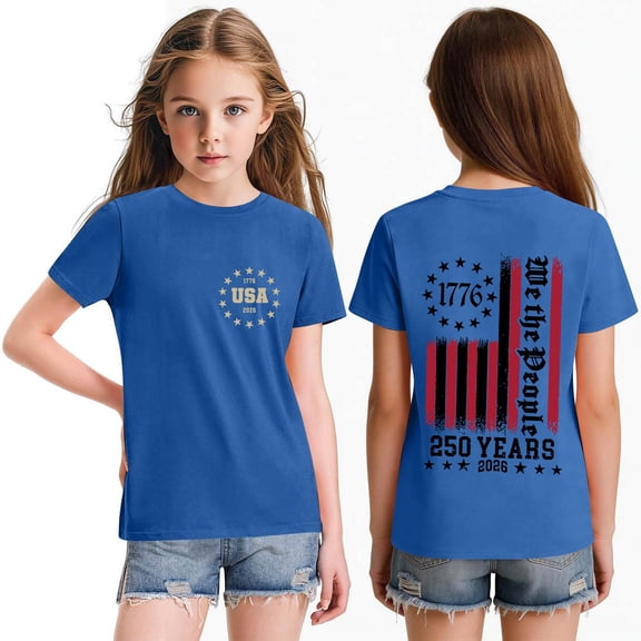 CCRFTGI 4th of July Shirts for Kids Girls 10-12 Short Sleeve Happy American Flag Striped Summer Patriotic T-Shirts 1776 Festival Girls Fashion Tshirts Blue 9-10 Years