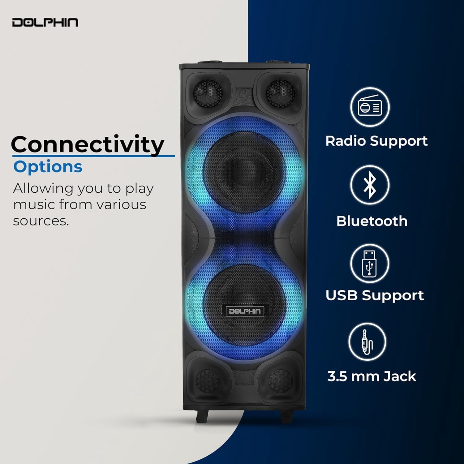 Dolphin SP-2250RBT High-Power Big Party Speaker – X-BASS, Strobe & LED Infinity Lights, Bluetooth, Wood Cabinet MDF, 2 UHF Wireless Mics, 120W, Long-Lasting Battery for DJ & Karaoke