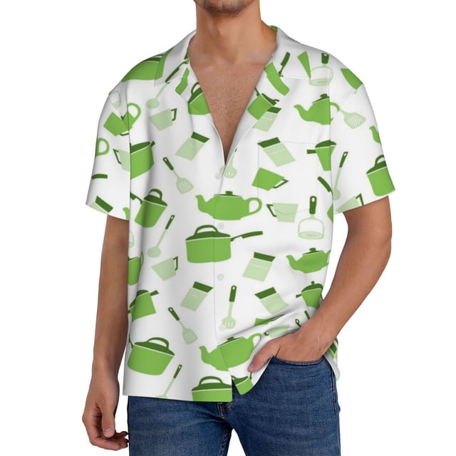 Fotbe Kitchen Utensiles Cooking Pots Camisa Estampada de Manga Corta para Hombre, Casual de Verano, Estilo Playero, Sin Arrugas-Small