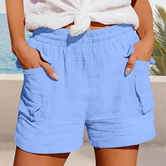 Casual Solid Elastic Waist Athletic Shorts Comfortable Stretchy Workout Running Summer Pants for Women with Side PocketsLight BlueXXL