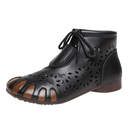 

XINSHIDE Shoes Ladies Fashion Soft Leather Beef Tendon Soft Bottom Flat Heel Hollow Breathable Round Toe Shoes Four Seasons Short Boots Fashion Shoes