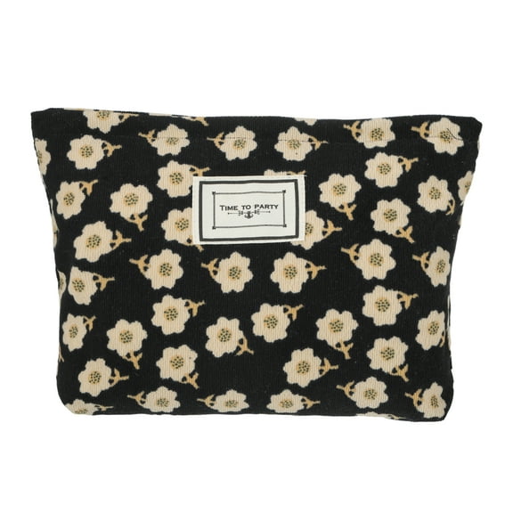 Unique Bargains Flower Cosmetic Bags Corduroy Makeup Bags Floral Makeup Pouches Travel Women's Make Up Bag Black