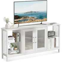TV Stand with Glass Storage Cabinets and Power Outlet, White TV Stand for 32/45/55 inch TVs, Entertainment Center with LED Light for Living Room, 46inch Small Tv Stand for Bedroom