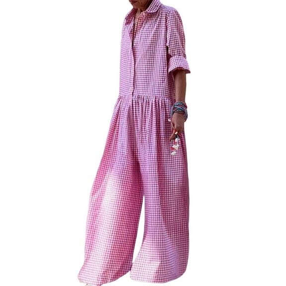 TNOBHG Women Plaid Jumpsuit Women Jumpsuit Check Print Color Matching Long Sleeve Turn-down Collar Wide Leg Half Single-breasted Crotch Loose Long Jumpsuit