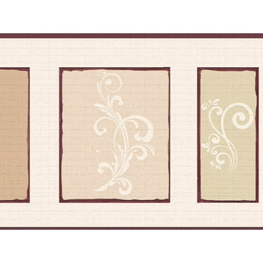 Dundee Deco's Peel and Stick Wallpaper Border - Damask Burgundy Beige Scrolls Wall Border Retro Design, 15 ft x 7 in, Self Adhesive