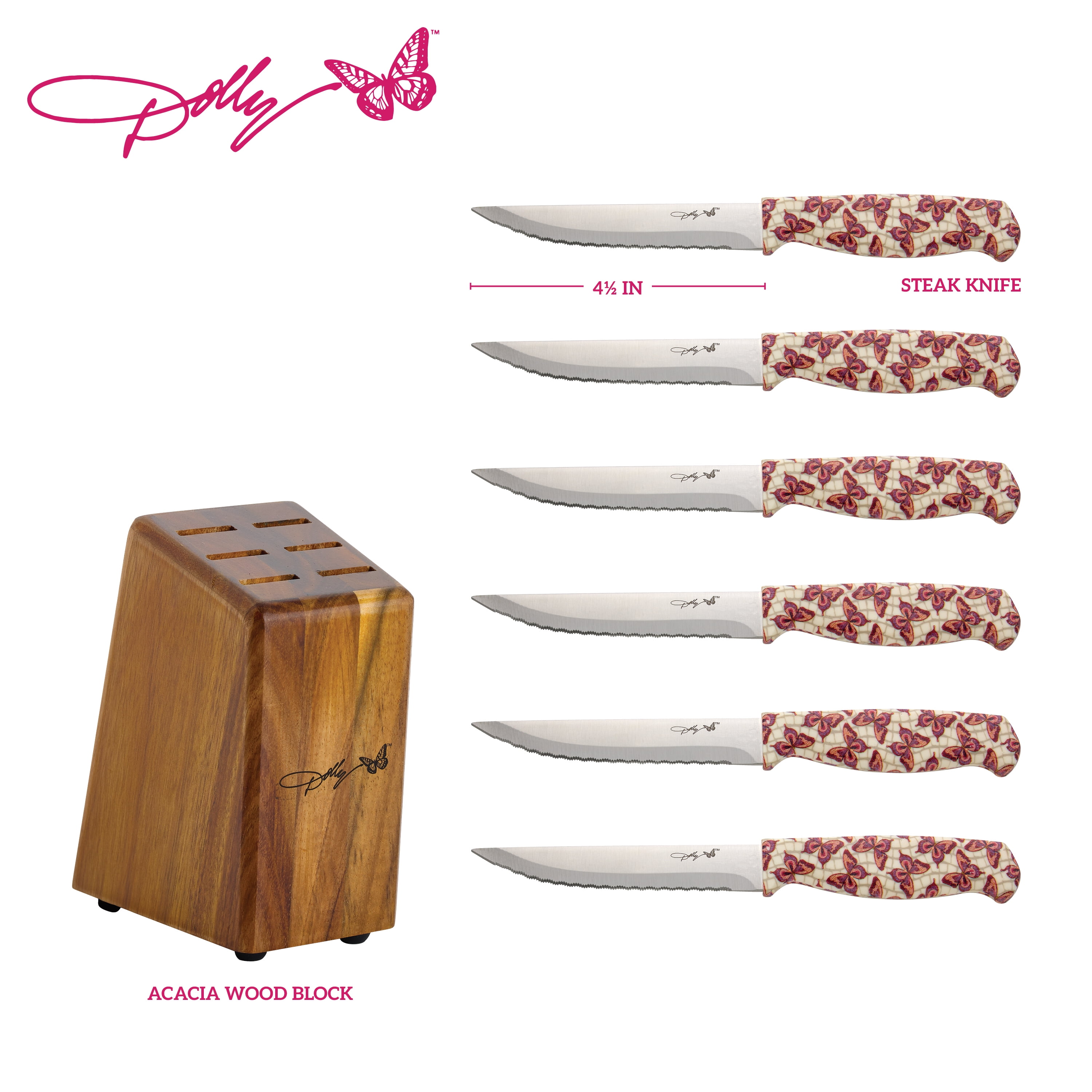 Dolly Parton 7-Piece Steak Knife Set with Pink Handles and Acacia Block for Storage