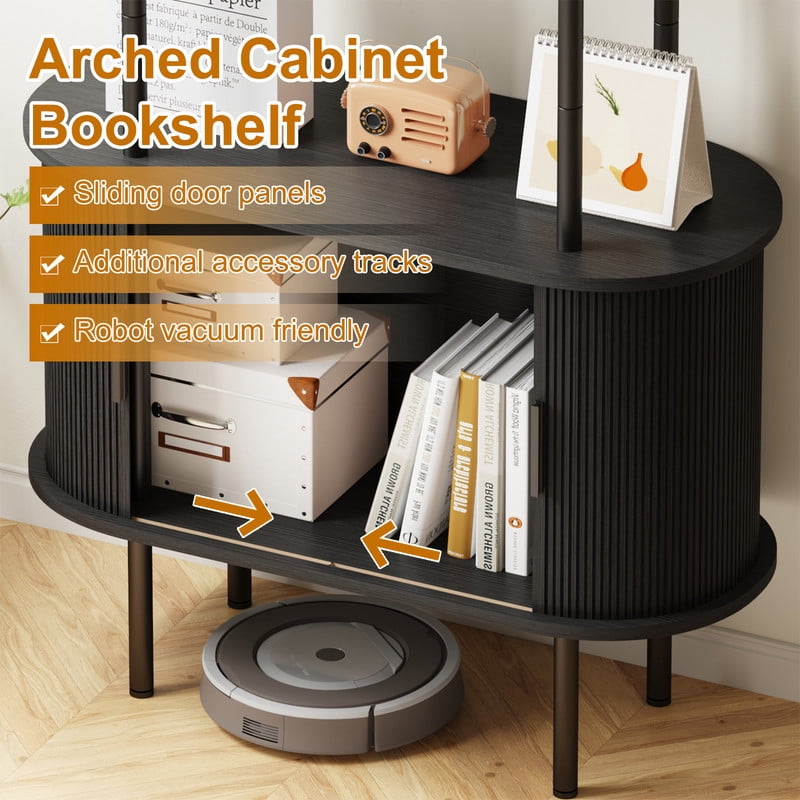 71" Tall Fluted Arched Bookshelf with Sliding Doors, Mid Century Modern Metal Curved Bookshelf Cabinet with Storage and Adjustable Footpad, 4-Tier Open Display Storage Shelf for Home, Living Room