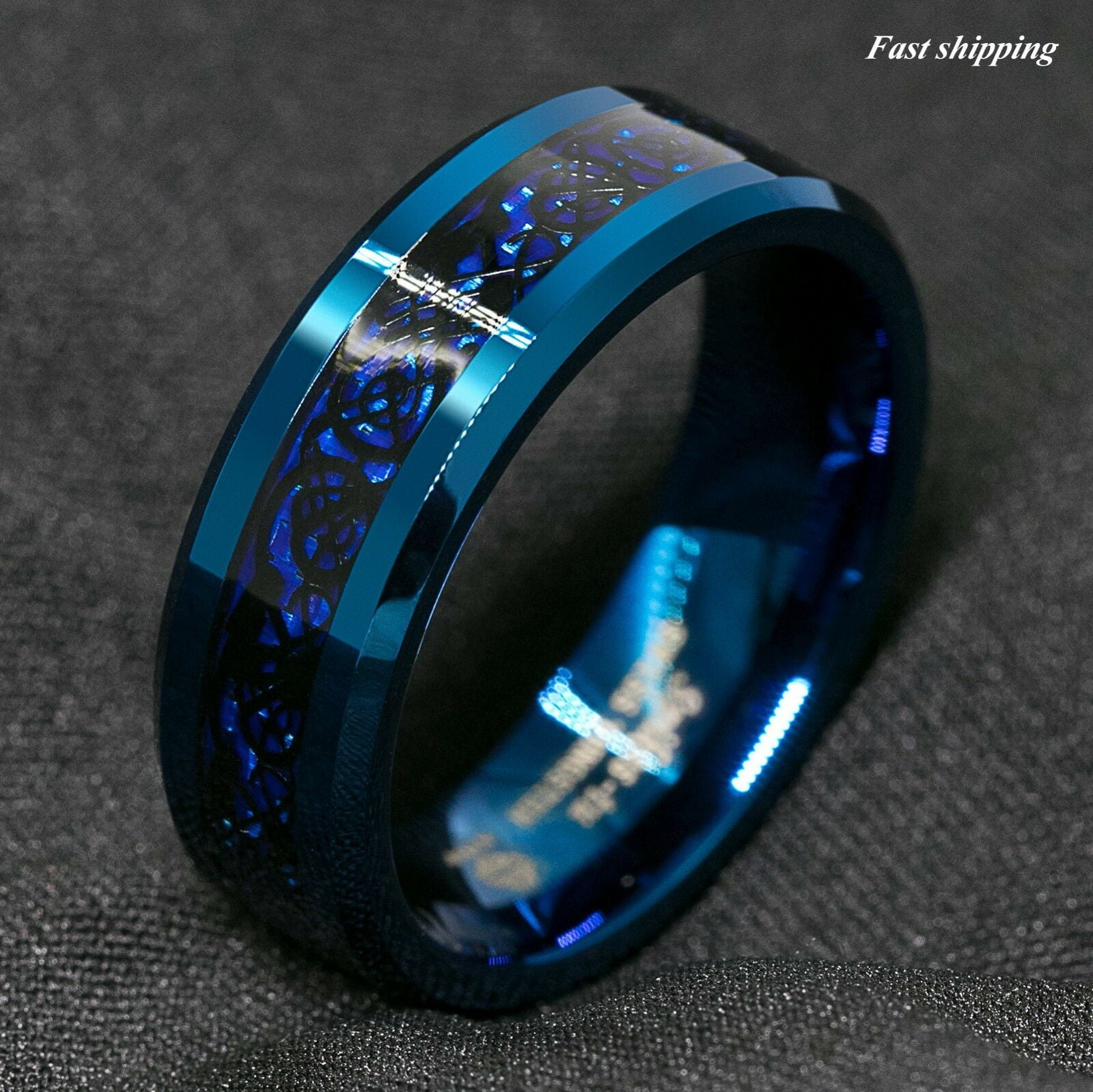 8mm Tungsten Carbide Ring Blue Celtic Dragon Black carbon fibre ATOP Men Jewelry 