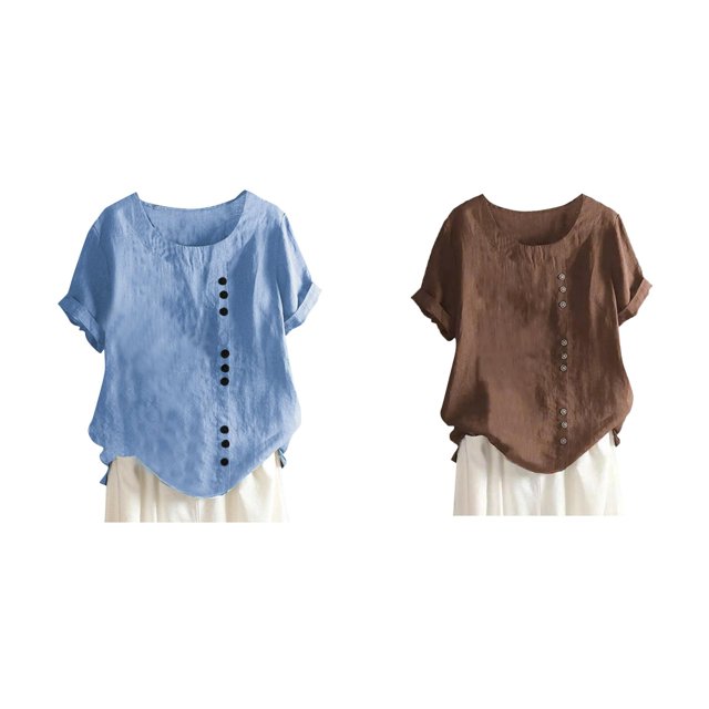 (2-Pack) Rinsvye Women's Solid Color Round Womens Shirt Neck Raglan Sleeve Hem Women Shirts Compression Slit Loose Short Sleeve Women Tops Spandex Button Decoration Casual Tops Women's Long Sleeve T