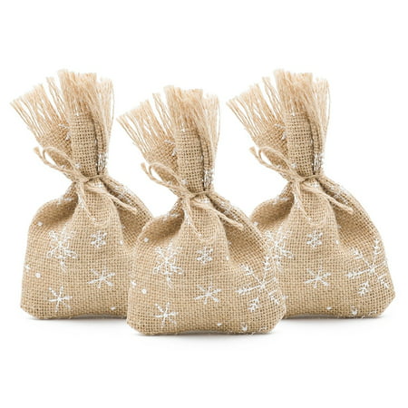 25 Christmas Favor Gift Bags Burlap and White Snowflakes, 4 x 6 Inch, Winter Party Decorations (White Snowflakes)