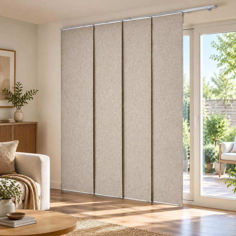 Panel Track Blinds for sliding doors extendable track 45.8-86 in W trimmable 96 in H 4 blackout brown panels